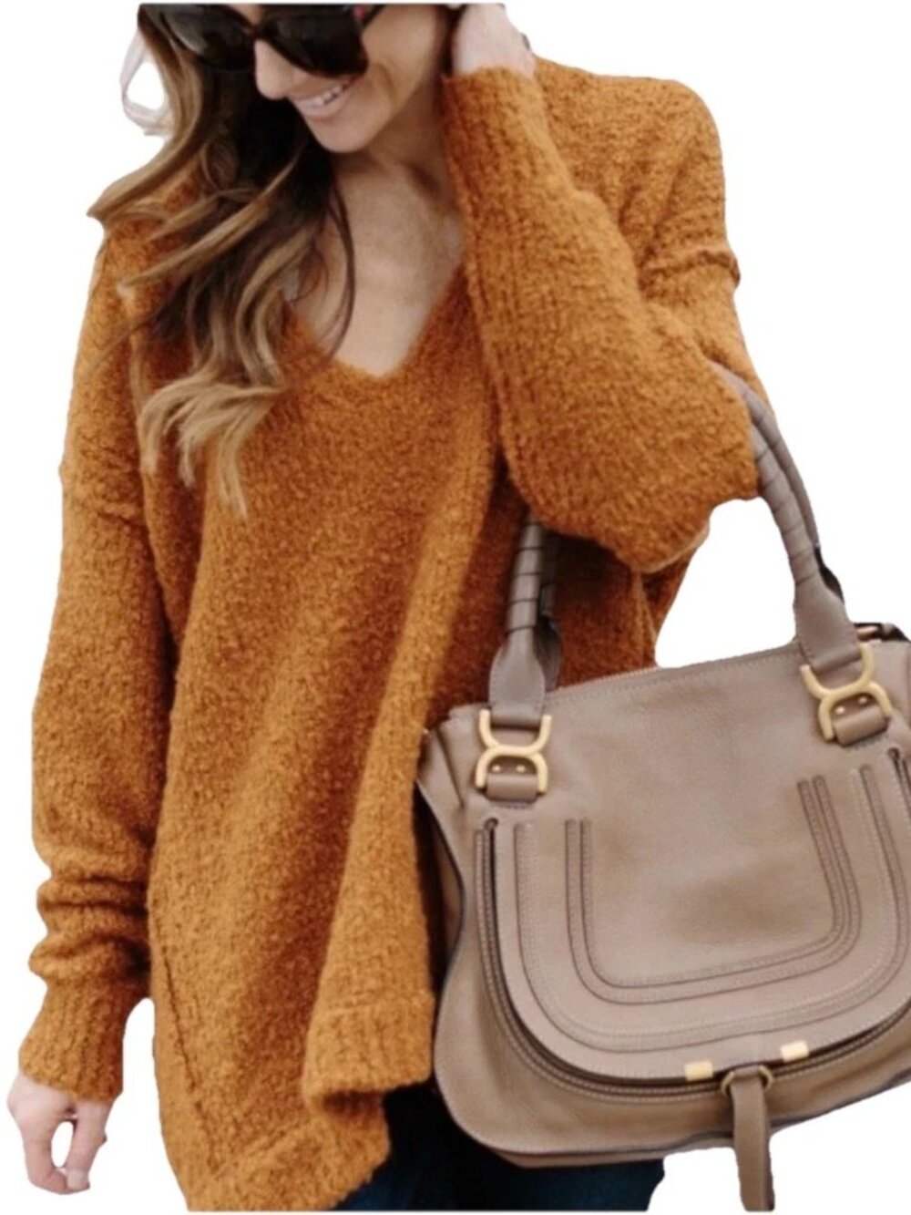 FREE PEOPLE Copper/Burnt Orange Chunky Knit V-neck Oversized Sweater XS